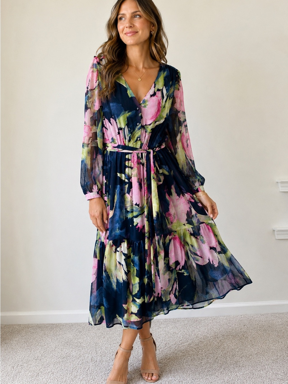 DKNY Navy Floral V-Neck Long Sleeve Midi Dress with Pink and Green Accents